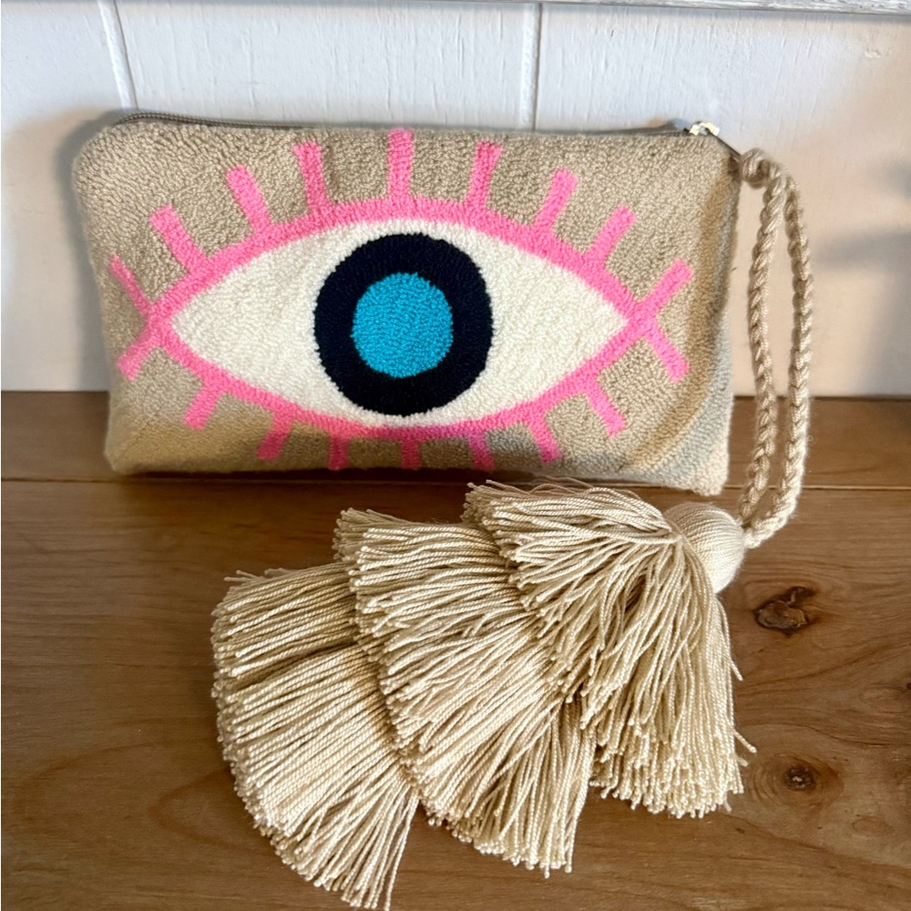 Wayuu Tribe Eye Motif Wristlet Clutch in Beige, Pink, Turquoise, Black